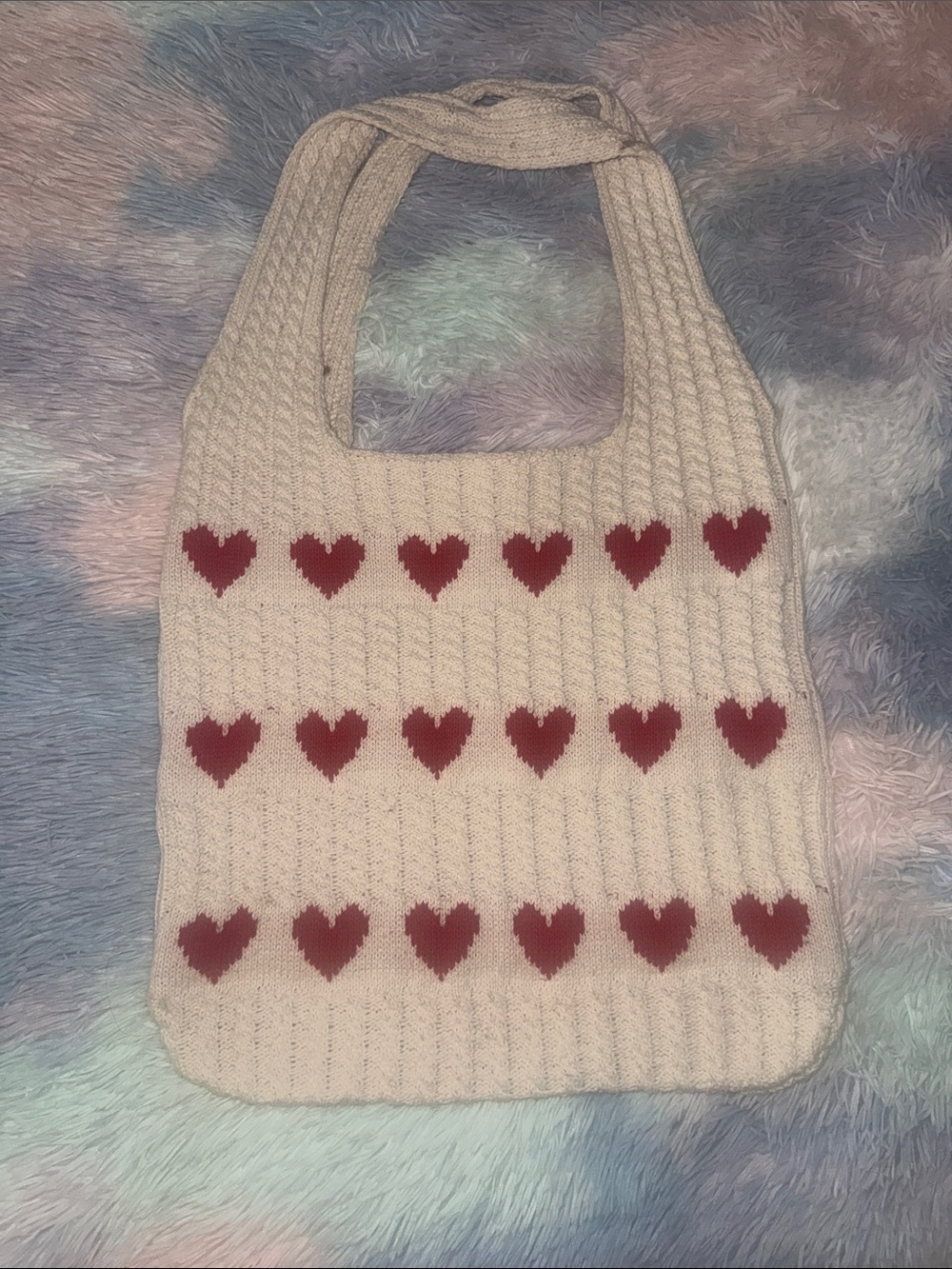 Tote Knit Heart Pattern Cream Shoulder Bag with Red Hearts